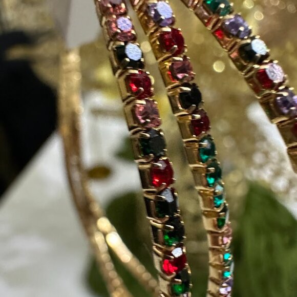 Gold Tone Rhinestone Bangle Bracelets Set Of 3 Multicolor - Picture 4 of 5